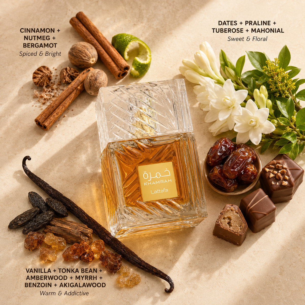 Lattafa Khamrah Eau De Parfum Spray - Crystal Glass Bottle - 100ml / 3.4 oz