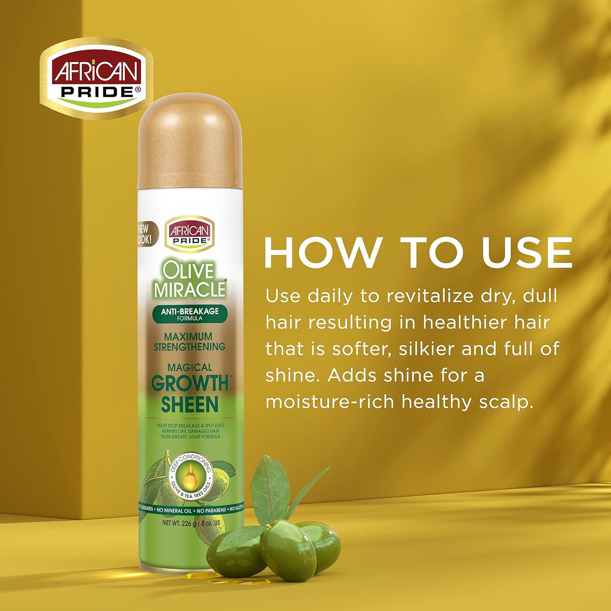 African Pride Olive Miracle Growth Sheen Anti-Breakage Spray, 8 oz (237 ml)