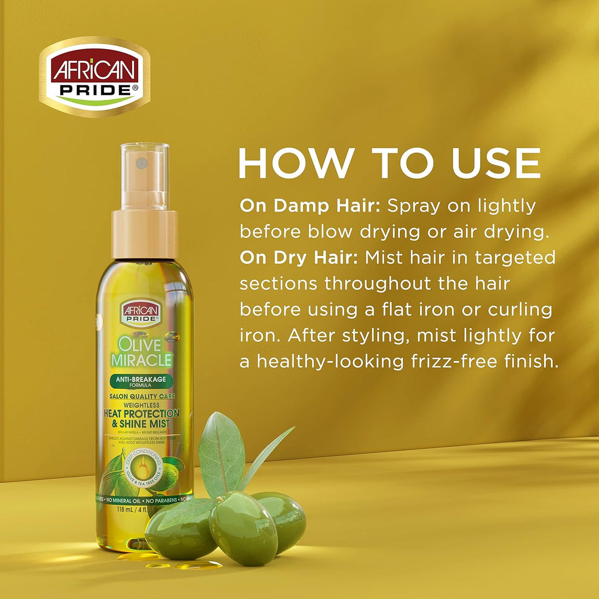 African Pride Olive Miracle Heat Protection & Shine Mist, 4 oz (118 ml)