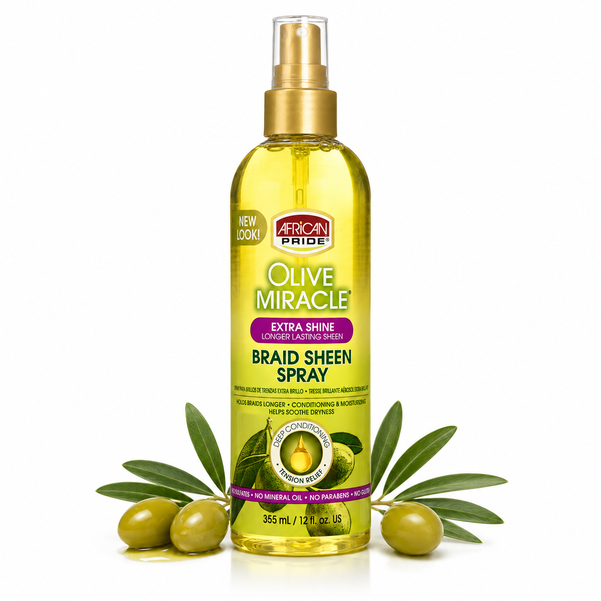 African Pride Olive Miracle Braid Sheen Spray (Extra Shine), 12 oz (355 ml)