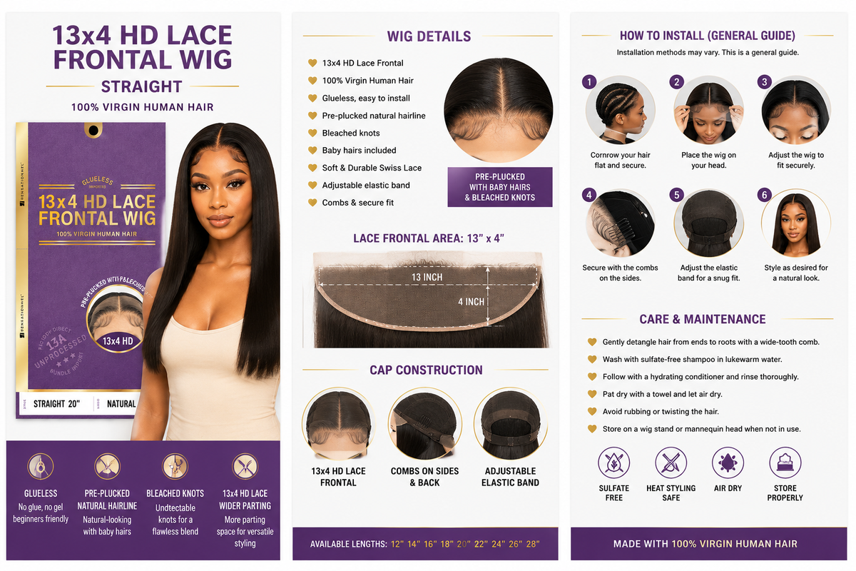 Sensationnel 13A Straight 100% Virgin Human Hair 13x4 HD Lace Frontal Wig (20" - 34")